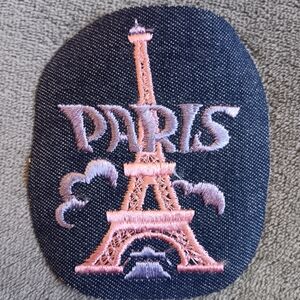 Vintage Blue Denim Pink Paris Embroidered Iron Or Sew On Patch, France Applique